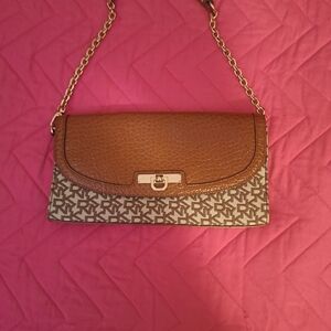 DKNY Brown and Tan Clutch with Gold Chain